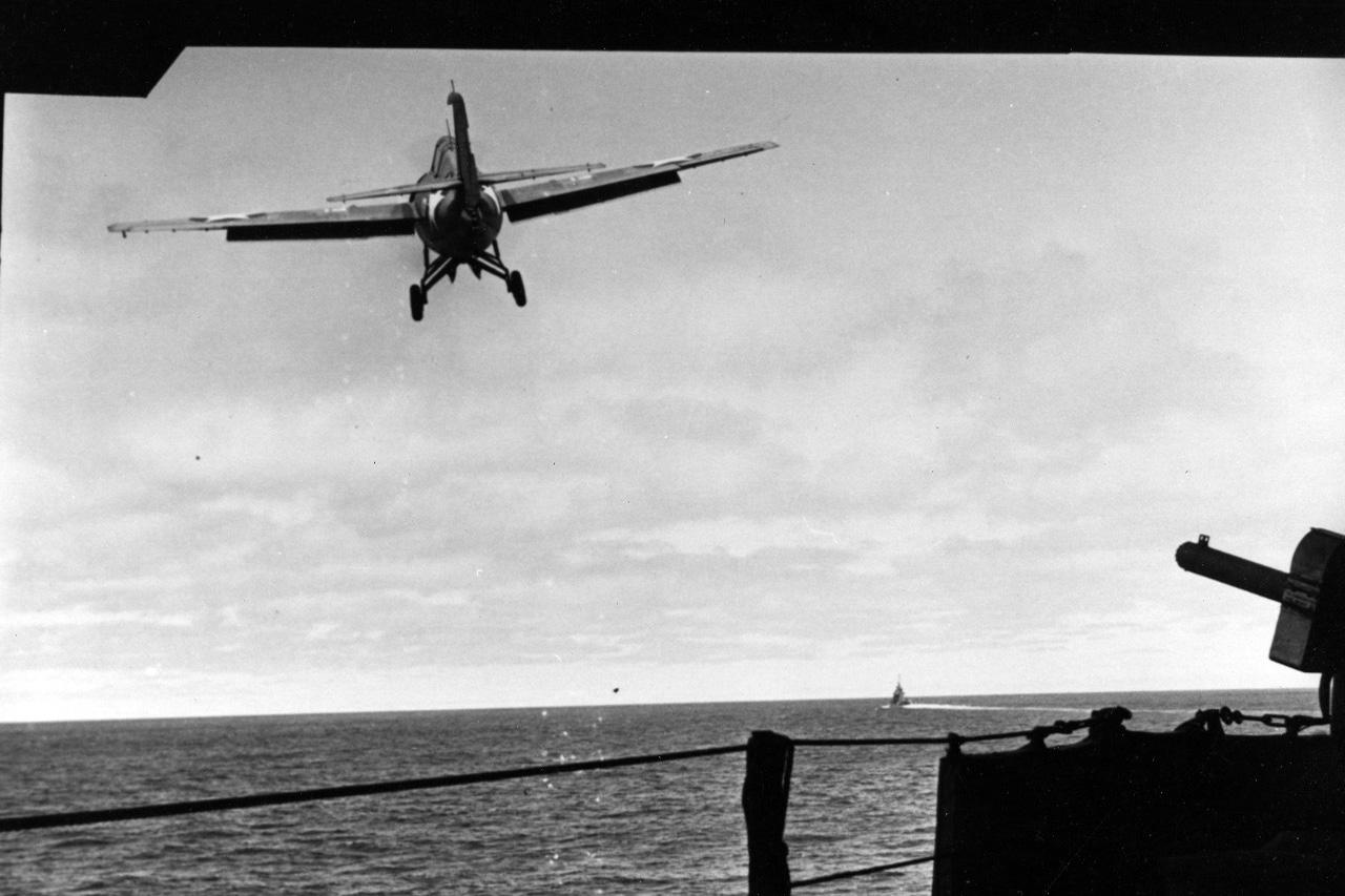 F4F-4 Wildcat fighter taking off from the USS Yorktown, Battle of Midway, June 4, 1942. (Source: U.S. Department of Defense)